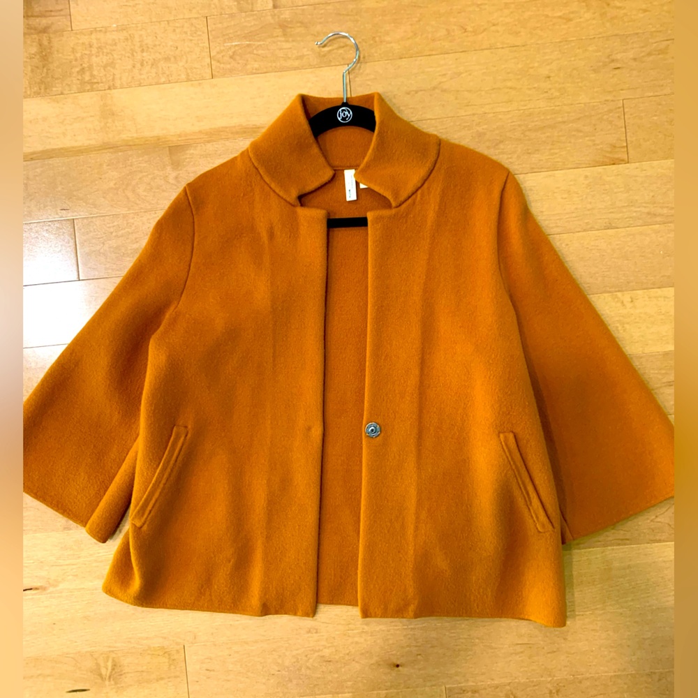 Cropped a line caramel colored jacket. Bell sleeves.